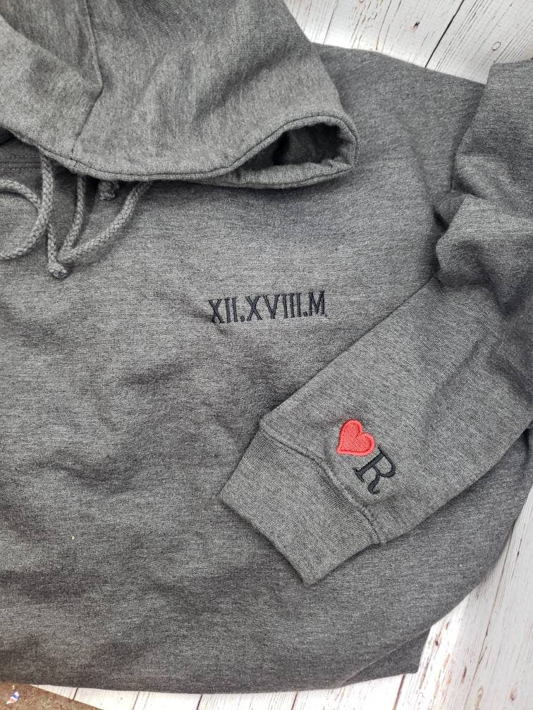 Custom Embroidered Roman Numeral Hoodie • Couples Gift • Personalized Date and Initial Hoodie • Engagements, Anniversaries, Valentines Gift