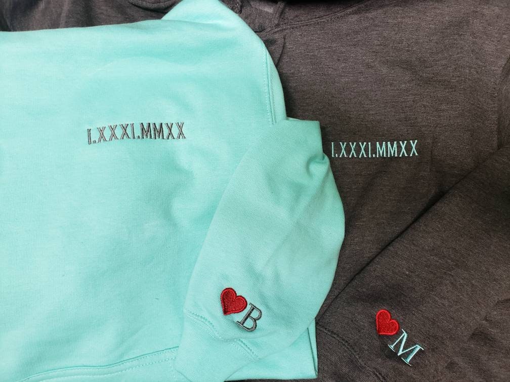 Custom Embroidered Roman Numeral Hoodie • Couples Gift • Personalized Date and Initial Hoodie • Engagements, Anniversaries, Valentines Gift