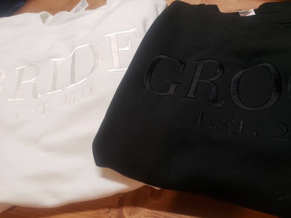 Bride shirt, Groom Shirt, Wifey, Hubby, Couples Sweatshirt, Wedding Gift, Bridal Shower Gift, Husband Gift, Wife Gift, Anniversary Gift, Wife, Husband, Established Date, Initial Sleeve, Trending Wedding Gift, Best Seller, Etsy Pick