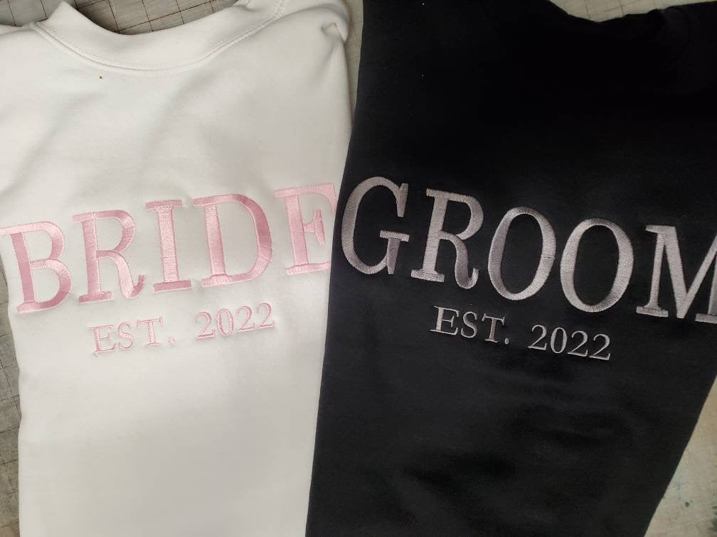 Bride shirt, Groom Shirt, Wifey, Hubby, Couples Sweatshirt, Wedding Gift, Bridal Shower Gift, Husband Gift, Wife Gift, Anniversary Gift, Wife, Husband, Established Date, Initial Sleeve, Trending Wedding Gift, Best Seller, Etsy Pick