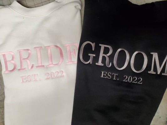 Bride shirt, Groom Shirt, Wifey, Hubby, Couples Sweatshirt, Wedding Gift, Bridal Shower Gift, Husband Gift, Wife Gift, Anniversary Gift, Wife, Husband, Established Date, Initial Sleeve, Trending Wedding Gift, Best Seller, Etsy Pick