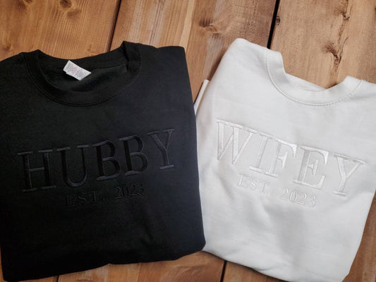 Wifey, Hubby, Couples Sweatshirt, Wedding Gift, Bridal Shower Gift, Husband Gift, Wife Gift, Anniversary Gift, Wife, Husband, Established Date, Initial Sleeve, Trending Wedding Gift, Best Seller, Etsy Pick