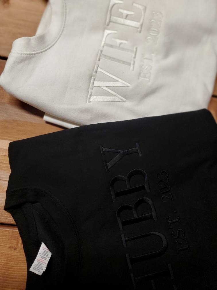 Wifey, Hubby, Couples Sweatshirt, Wedding Gift, Bridal Shower Gift, Husband Gift, Wife Gift, Anniversary Gift, Wife, Husband, Established Date, Initial Sleeve, Trending Wedding Gift, Best Seller, Etsy Pick